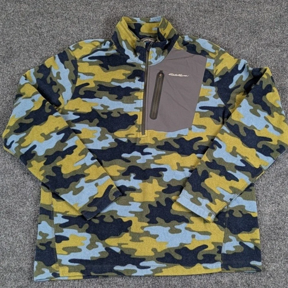 Eddie Bauer Mens Large 1/4 Zip Fleece Pullover Blue Green‎ Camo Pocket Logo